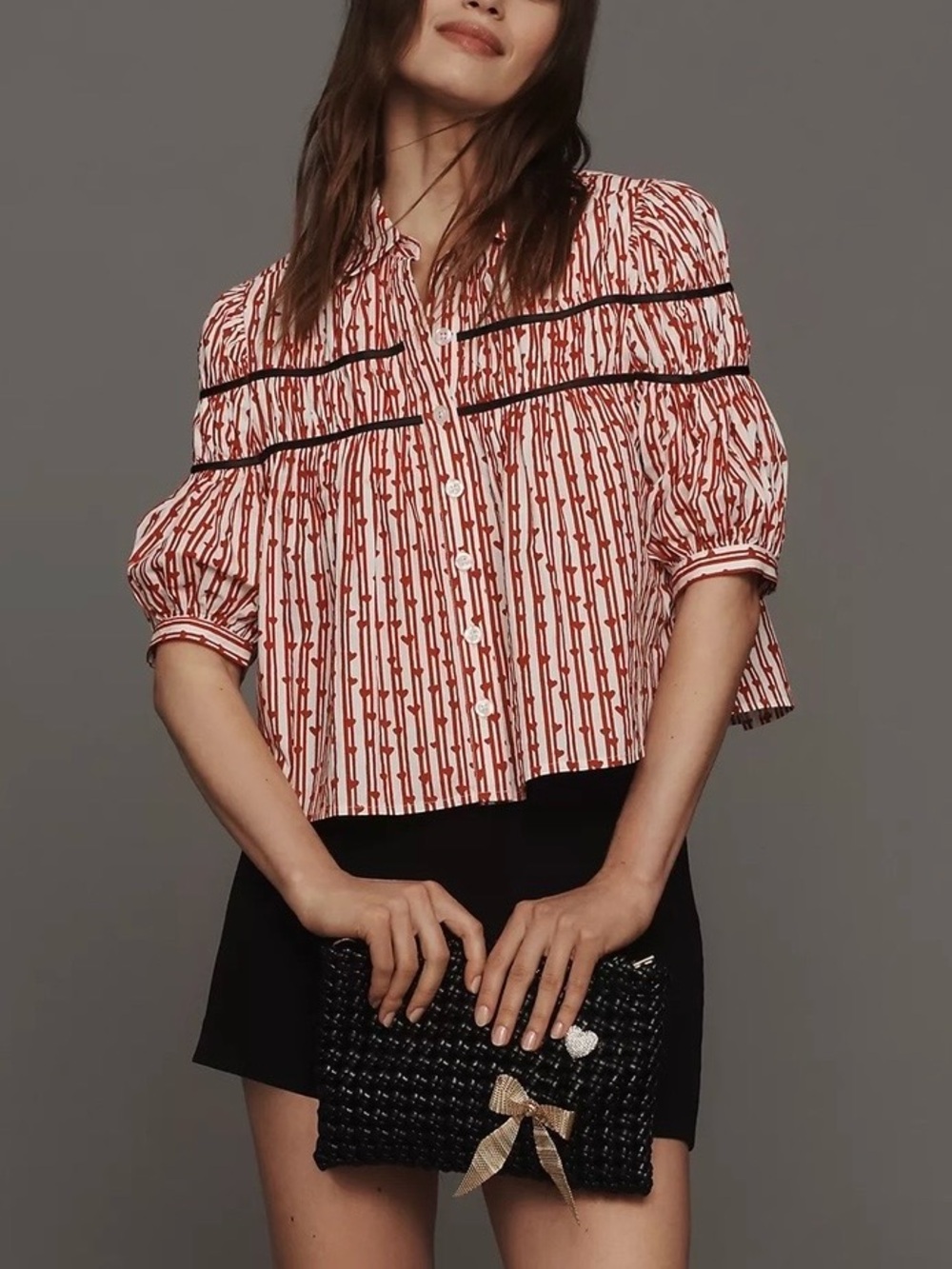 LN Maeve Leandra Shirred Yoke Blouse stripes and Hearts Button-Down